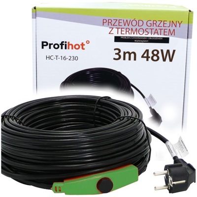 KABEL GRZEWCZY PRZEWÓD GRZEJNY Z TERMOSTATEM do rynny rur | 230V | 48W | 3M