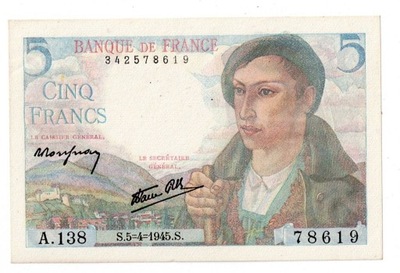 Banknot, Francja 5 franków 1945 stan 2+