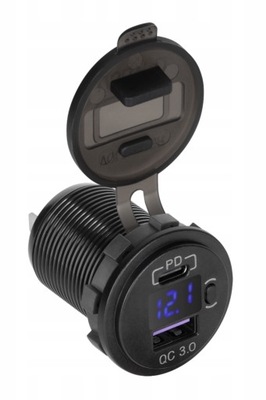Зарядний пристрій автомобільна usb qc3.0 + pd usb c woltomierz кнопка on/off фото №1
