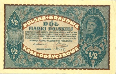 Polska BANKNOT 1/2 Marki Polskiej 1920 Kościuszko