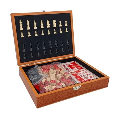 Przenośny zestaw szachów podróżnych 4 w 1 z drewna Domino Poker Dice, składany