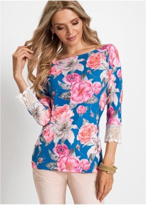 3K5C07 BONPRIX BLUZKA NIEBIESKA W KWIATY Z KORONKOWYMI WSTAWKAMI 40/42