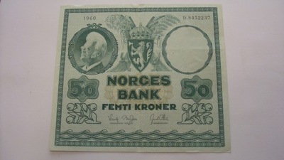 Banknot Norwegia 50 koron 1960 stan 3+