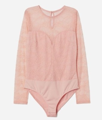 H&M wygodne ELEGANCKIE BODY pudrowe PIĘKNE koronkowe 38 M