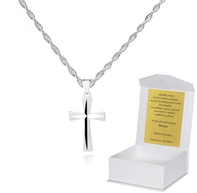 Srebrny łańcuszek Krzyżyk Komunia Chrzest DEDYKACJA 50cm S1K13