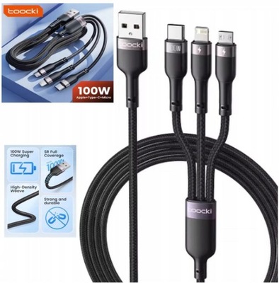 Kabel Ładowarka 3w1 USB - USB typ C / Micro USB / Lightning 1,2m Toocki