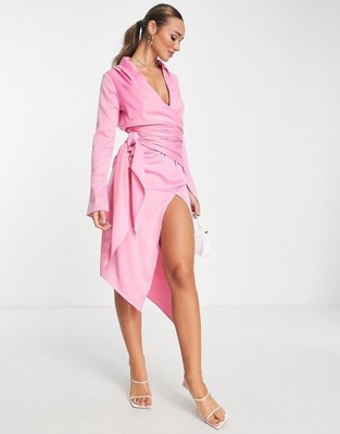 DESIGNEX Różowa satynowa sukienka koszulowa midi XS