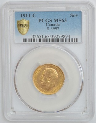 2.ey.CANADA, SUWEREN 1911 C rzadka, PCGS MS63