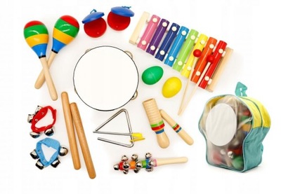 Zestaw muzyczny 10 instrumentów Cymbałki Bęben + plecaczek dla Dzieci