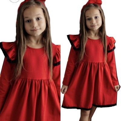 104 Sukienka dziewczęca bawełniana czerwona -koronka lily grey
