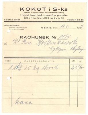 Rachunek przedwojenna Gdynia - 1937 r.