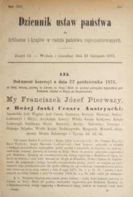 Dokument koncesyi na kolej żelazną parową ze Lwowa na Stryj tudzież ze 1871