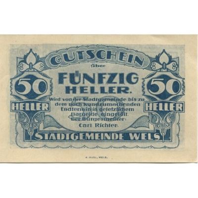 Banknot, Austria, Wels, 50 Heller, rue, 1920, UNC(