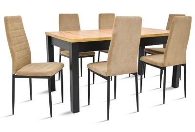 Stół rozkładany 80x160x200 6 krzeseł sztruks beż