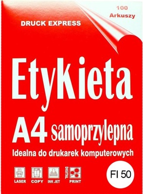 Etykieta samoprzylepna okrągła fi 50 biała mat A4.