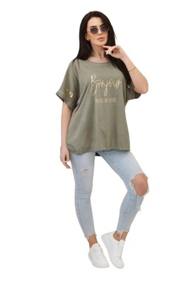 Bluzka bawełniana dekatyzowana plus size khaki