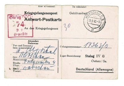 Kriegsgefangenenpost Stalag IV G 1942 r. Warschau