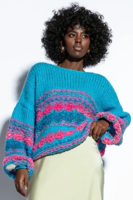 Luźny kolorowy sweter F1820 Niebieski 32/34