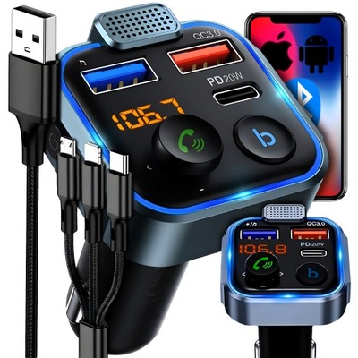 TRANSMISOR FM TRAGALUZ DISPOSITIVO DE CARGA BLUETOOTH AUDIO MP3 BT 3X USB RGB+ CABLE 3W1  