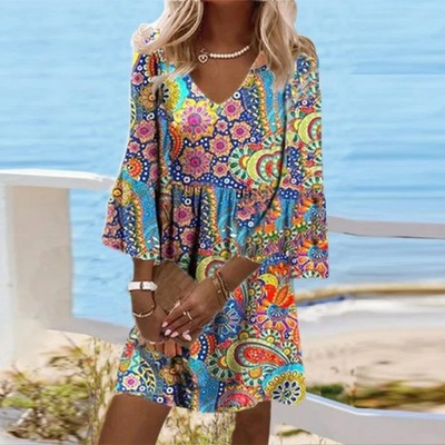 Floral Print 3/4 Sleeve Mini Dress Elegant Casual