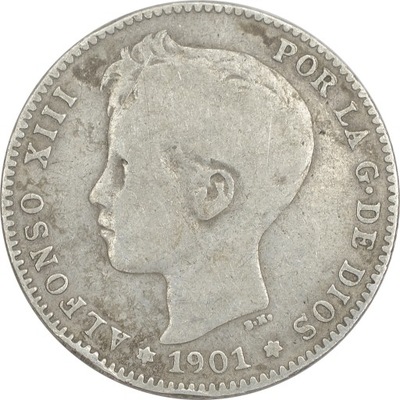 11.HISZPANIA, ALFONS XIII, 1 PESETA 1901 SM V