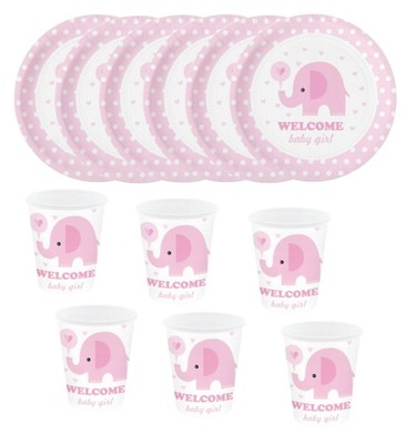 Zestaw papierowy jednorazowe kubki talerzyki baby shower słonik różowy