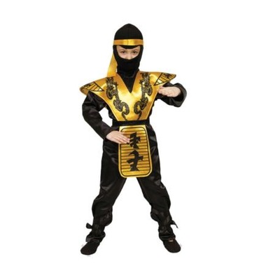 Strój Kostium NINJA CZARNO ZŁOTY Przebranie r. 134-140