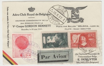 Poczta balonowa - zawody Gordon-Bennetta - balon Belgica 1937r