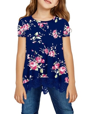 Dziewczęca bluzka sukienka T-shirt Tunika z koronkowym dołem L 8-9 Lat