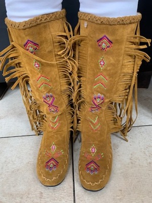 Westernowe buty indiańskie z frędzlami country 39 skóra zamsz UNIKAT NOWE