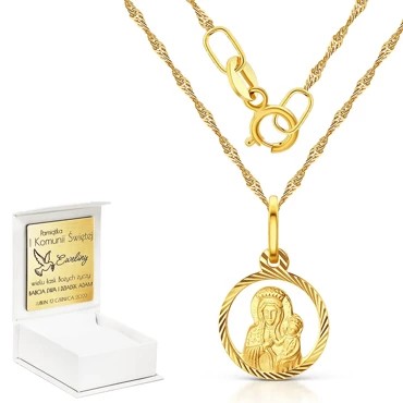komplet złoty łańcuszek diamentowany medalik Matka Boska Jezus dla dziecka