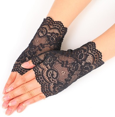 Rękawiczki Koronkowe Bezpalcowe Eleganckie Czarne