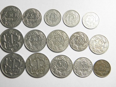 Zestaw 15 szt, monety II RP: 1zł 1929r; 50 gr, 20 gr,10 gr 1923r (104)