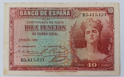 Banknot Hiszpania 10 Pesetas 1935 rok