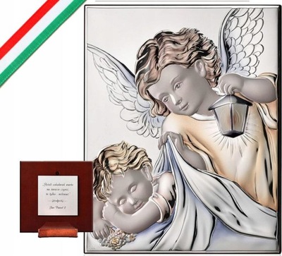 Obrazek srebrny z aniołem stróżem 11x14cm chrzest
