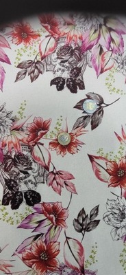 KREMOWY JEDWAB BURETA W KOLOROWE KWIATY