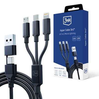 Kabel USB - USB typ C / microUSB / Lightning 3mk Hyper Cable 1,5m czarny