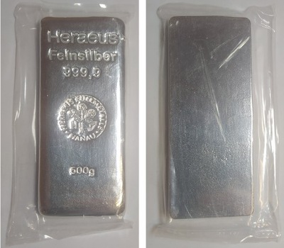 sztabka srebra - HERAEUS - 500 g Ag srebro 999,9