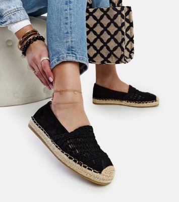 Hers Czarne damskie ażurowe espadryle na platformie r. 36