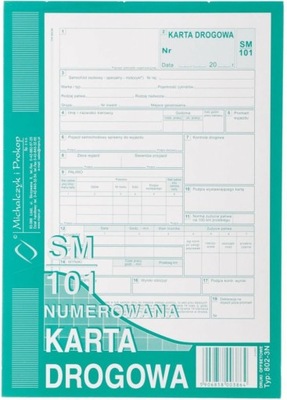 Druk KARTA DROGOWA NUMEROWANA SM101 typ 802-3N