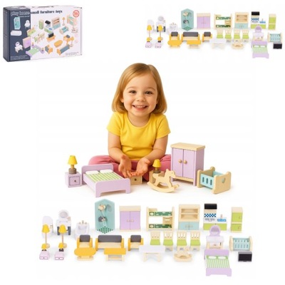 MEBELKI DREWNIANE DO DOMKU DLA LALEK 30EL. AKCESORIA BEZPIECZNE ZAOKRĄGLONE