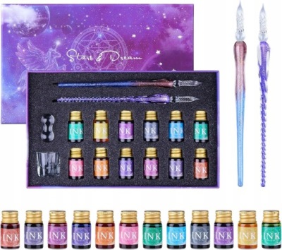 SZKLANE PIÓRO ZESTAW SZKLANYCH PIÓR DO KALIGRAFII + 12 ATRAMENTÓW PREZENT