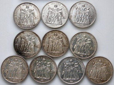Francja, zestaw 10 x 10 franków 1965-1970