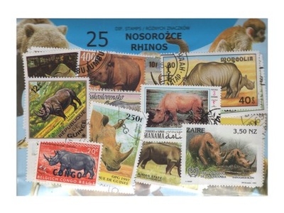 Pakiet 25 znaczków pocztowych - NOSOROŻCE