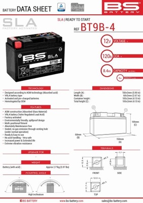 BS BATERÍA BT9B-4 (FA) (YT9B-4) 12V 8AH 150X69X105 BEZOBSLUGOWY - ZALANY  