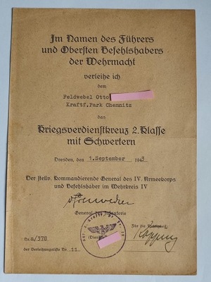 Nadanie do Odznaczenia Krzyż Zasługi Wojennej z Mieczami 1939 Niemcy Rzesza