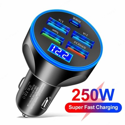 5 Ports USB Car Charger Type-C 250W Fast Charging PD QC3.0 Car Charger 