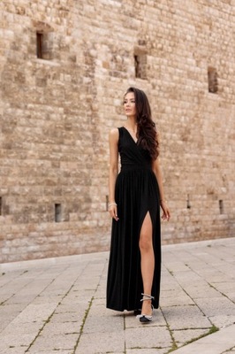 Brokatowa sukienka maxi z wiązaniem czarna S