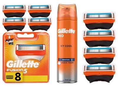 8x OSTRZA NOŻE DO MASZYNKI GILLETTE FUSION 5 + PIANKA DO GOLENIA 250ml