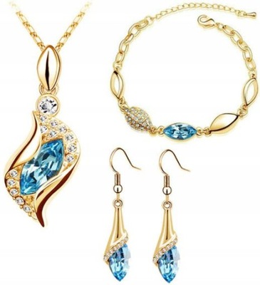 Złoty elegancki zestaw biżuterii pozłacane łezki błękitne cyrkonie prezent